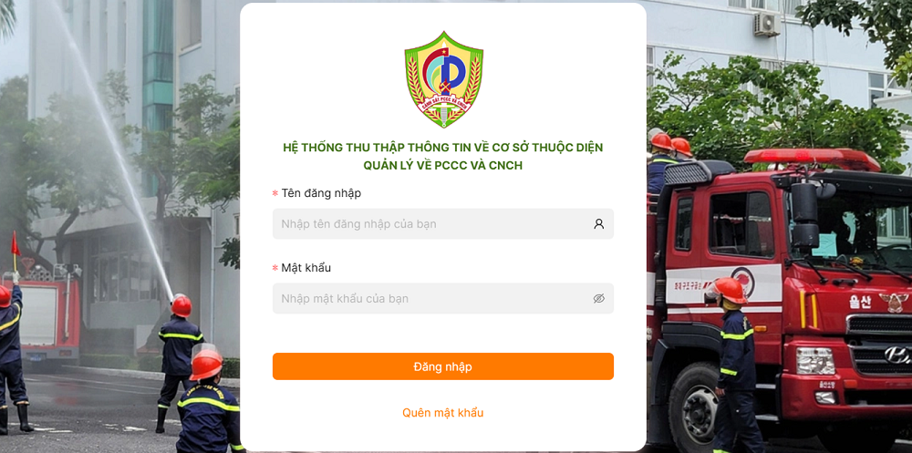 Màn hình đăng nhập cổng thu thập dữ liệu PCCC.