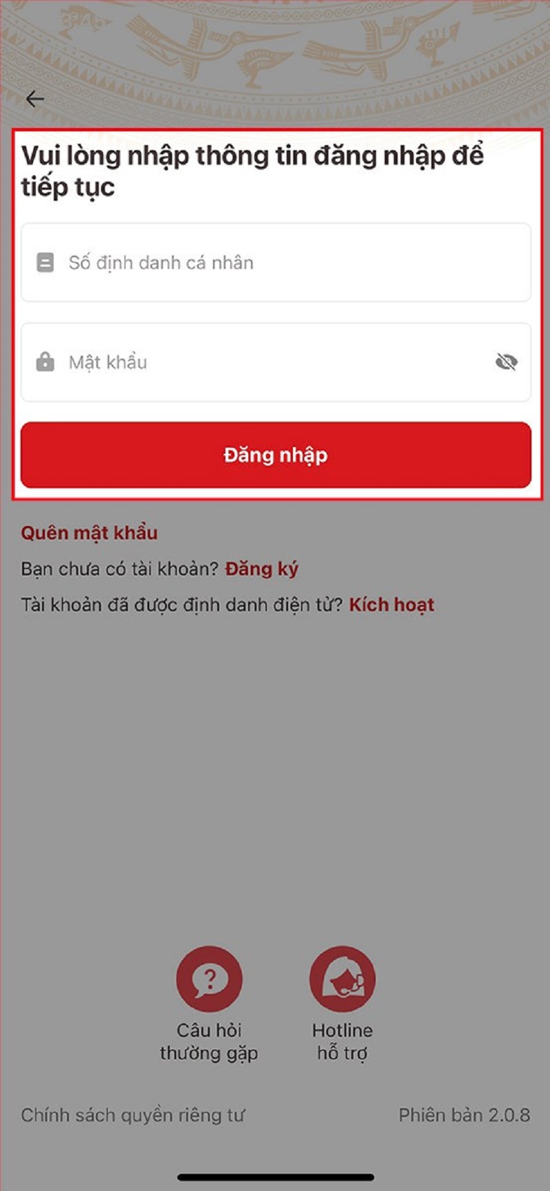Màn hình đăng nhập VNeID trên điện thoại.