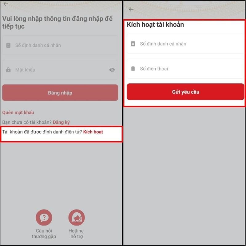 Màn hình đăng nhập và mục kích hoạt tài khoản VNeID trong tài liệu hướng dẫn.
