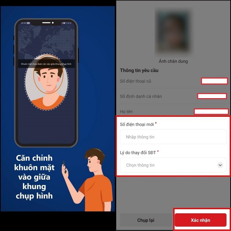 Màn hình xác thực khuôn mặt và nhập thông tin số điện thoại mới.