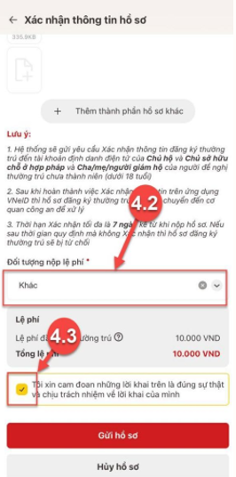 Kiểm tra phần thành phần hồ sơ và thông tin trước khi gửi. Ảnh tham khảo từ hướng dẫn ngày 13/04/2025; tên địa bàn, giao diện, phí và dữ liệu mẫu trong ảnh không thay thông tin đang áp dụng trên hồ sơ của bạn.
